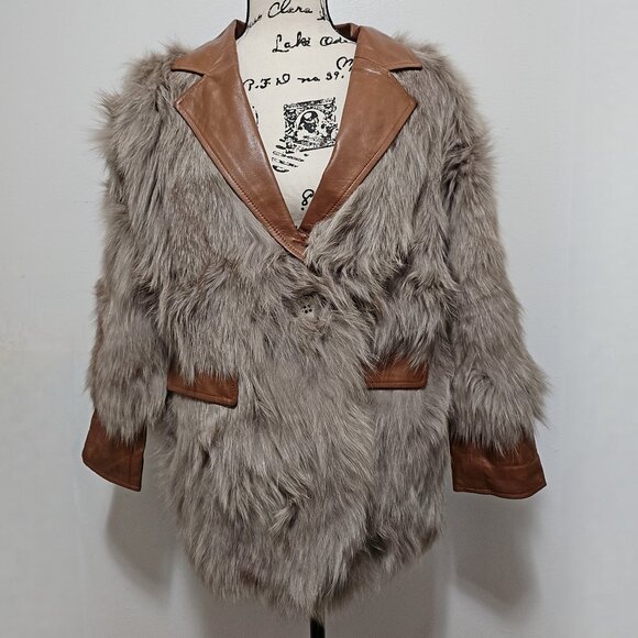 New Real Fox Fur Lamb Leather Jacket Blazer Brown Stone Taupe No Mink - Picture 1 of 5